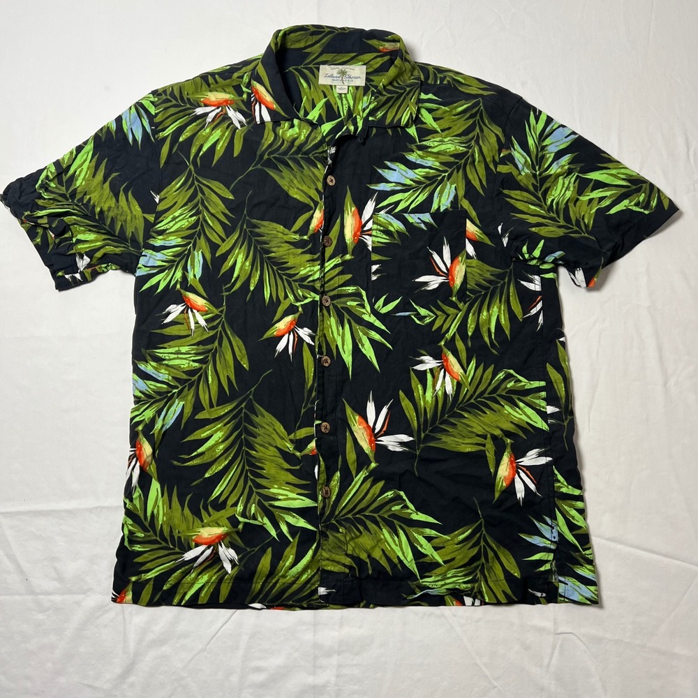Island Shores Mens Washable Silk Hawaiian Shirt L Black Bird of Paradise